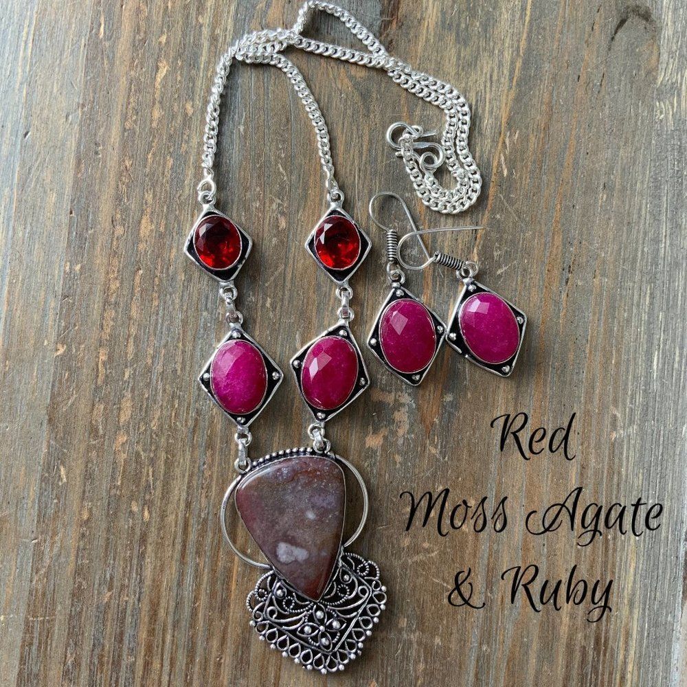 Red Moss Agate & Ruby Accent Silver Necklace Set